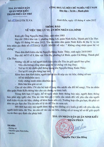 Thông báo thụ lý vụ án của tòa án quận Ninh Kiều