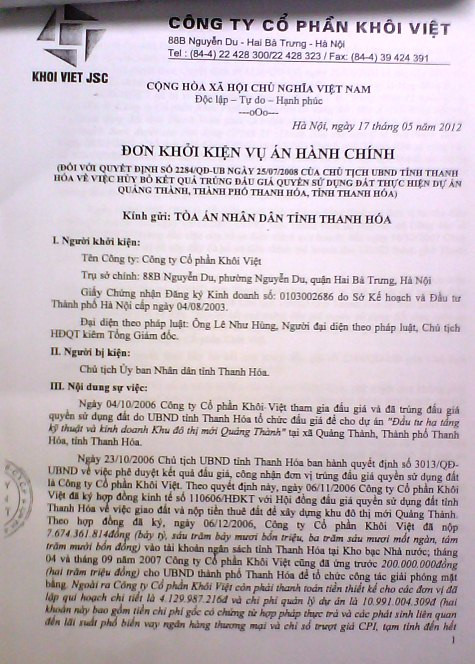 Đơn khởi kiện của Công ty CP Khôi Việt. Đơn khởi kiện của Công ty CP Khôi Việt.