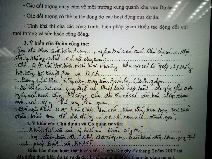 Ngày 7/3/2017, Cục Thẩm định và Đánh giá tác động môi trường thuộc Tổng cục Môi trường đã đi khảo sát thực địa và đã phát hiện chủ đầu tư vẫn cho thi công dự án, ngay sau đó, đoàn kiểm tra đã lập biên bản (ảnh Giáo dục Việt Nam)