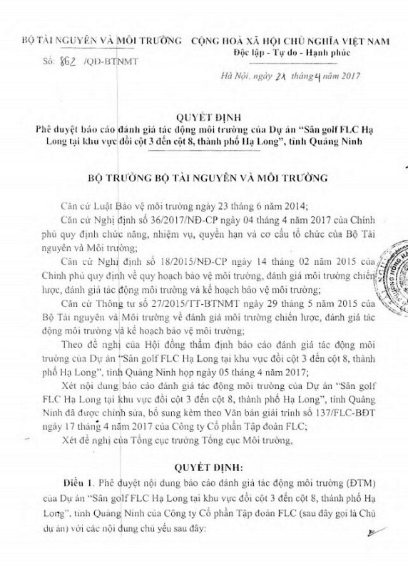 Quyết định số 862/QĐ-BTNMT về việc phê duyệt báo cáo đánh giá tác động môi trường (ĐTM) của dự án sân golf FLC Hạ Long tại khu vực đồi cột 3 đến cột 8 (ảnh L.M) Quyết định số 862/QĐ-BTNMT về việc phê duyệt báo cáo đánh giá tác động môi trường (ĐTM) của dự án sân golf FLC Hạ Long tại khu vực đồi cột 3 đến cột 8 (ảnh L.M)
