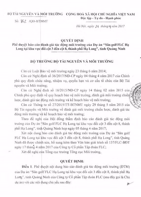 Quyết định số 862/QĐ-BTNMT về việc phê duyệt báo cáo đánh giá tác động môi trường (ĐTM) của dự án sân golf FLC Hạ Long tại khu vực đồi cột 3 đến cột 8 (ảnh L.M)