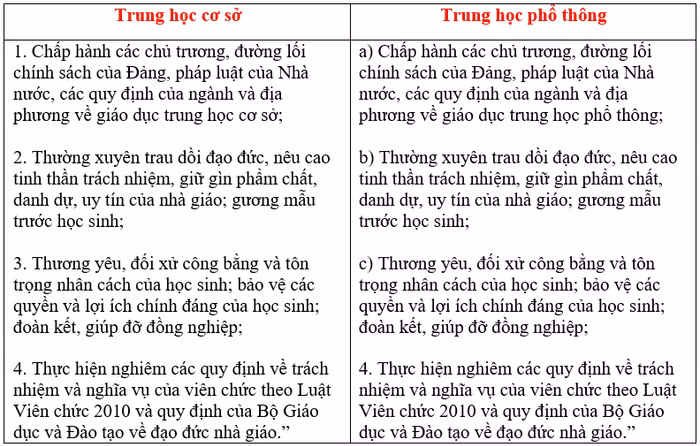 Tiêu chuẩn về đạo đức nghề nghiệp của giáo viên trung học cơ sở và giáo viên trung học phổ thông - Ảnh do tác giả cung cấp