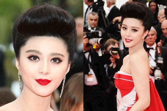 Kiểu tóc geisha của quý tộc Nhật Bản. Toàn bộ kiểu tóc, đặc biệt là phần tóc phía trước đều phỏng theo kiểu tóc của geisha Nhật Bản thời cổ đại, chỉ là được cải tiến theo phong cách hiện đại hơn, hiện rõ phong cách quý tộc trên người đẹp họ Phạm. Đặc biệt với phong cách trang điểm đậm với môi đỏ, mắt to đen tròn càng khiến những nét đẹp tinh tế trên khuôn mặt của cô được nhấn mạnh hơn. .