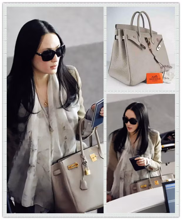 Tưởng Cần Cần trẻ trung đồng bộ trong gam màu xám trắng ở sân bay từ quần áo đến túi xách Hermes Birkin. x