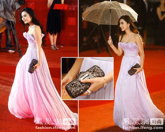 Luôn luôn nổi bật, Phạm Băng Băng với chiếc váy tím nhạt Georges Hobeika, trang sức Cartier và ví tay LV.