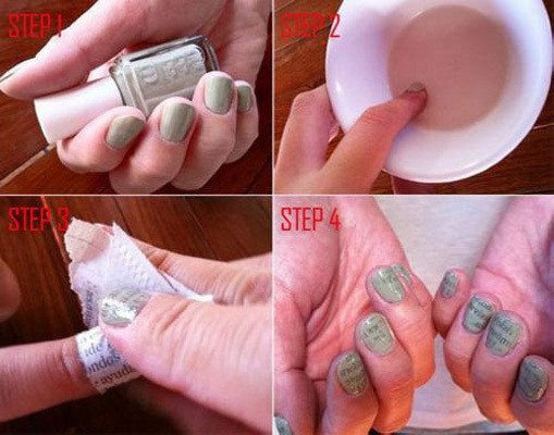 Bước đầu tiên hãy tô một lớp sơn móng tay màu trắng đục lên móng, để thật khô. Tiếp theo cho đầu móng tay mỗi móng ngâm vào trong rượu, độ cồn càng cao càng tốt. Sau đó lựa chọn chữ viết trên báo mà bạn thích, kích cỡ cũng như loại chữ hơi lớn hơn móng một chút. Rồi sau đó áp mặt giấy vào trên móng tay, ấn xuống chặt để chữ in có thể lưu lại trên móng.(nhớ làm thứ tự từng móng một nếu không cồn sẽ bay hết, móng tay khô thì sẽ không giữ lại chữ.) Xem thêm: Màu móng nào sẽ lên ngôi hè này? Bước đầu tiên hãy tô một lớp sơn móng tay màu trắng đục lên móng, để thật khô. Tiếp theo cho đầu móng tay mỗi móng ngâm vào trong rượu, độ cồn càng cao càng tốt. Sau đó lựa chọn chữ viết trên báo mà bạn thích, kích cỡ cũng như loại chữ hơi lớn hơn móng một chút. Rồi sau đó áp mặt giấy vào trên móng tay, ấn xuống chặt để chữ in có thể lưu lại trên móng.(nhớ làm thứ tự từng móng một nếu không cồn sẽ bay hết, móng tay khô thì sẽ không giữ lại chữ.) Xem thêm: Màu móng nào sẽ lên ngôi hè này?