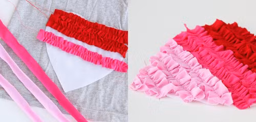 Bây giờ bạn cắt vải vụn màu đỏ, hồng và hồng phấn thành những dải dài có chiều rộng 2 – 2,5cm, chiều dài của dải gấp 2 - 2,5 lần chiều ngang của trái tim bạn cần may. Ví dụ: vị trí trái tim bạn cần may có chiều rộng 10cm thì bạn cần dải vải dài 20 đến 25 cm. Sau đó bạn may đường chỉ thưa ở giữa của dải vải và kéo sợi chỉ cho vải rúm lại có độ dài bằng với vị trí để may trên trái tim. May cố định các dải vải lên trái tim, theo thứ tự từ màu đỏ đến hồng và cuối cùng là màu hồng phấn.