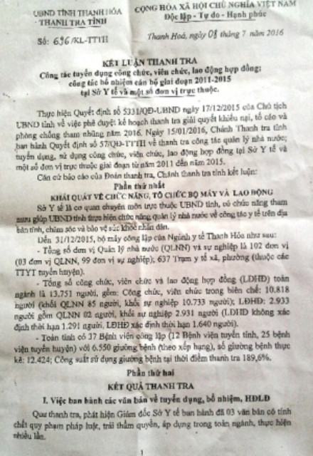 Kết luận Thanh tra tỉnh Thanh Hóa trong công tác tuyển dụng công chức, viên chức, lao động hợp đồng, công tác bổ nhiệm cán bộ giai đoạn 2011-2015 tại Sở Y tế và một số đơn vị trực thuộc.