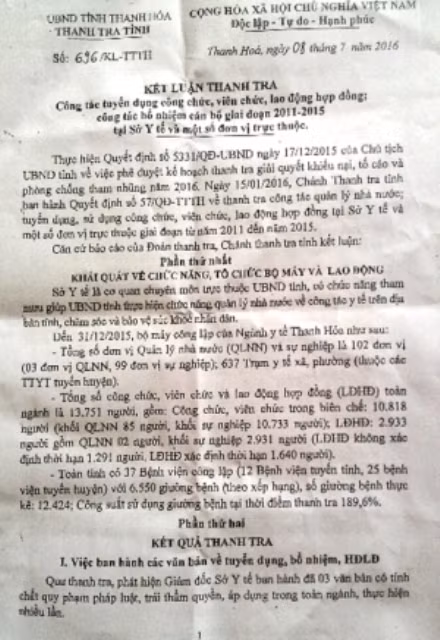 Kết luận Thanh tra tỉnh Thanh Hóa trong công tác tuyển dụng công chức, viên chức, lao động hợp đồng, công tác bổ nhiệm cán bộ giai đoạn 2011-2015 tại Sở Y tế và một số đơn vị trực thuộc.