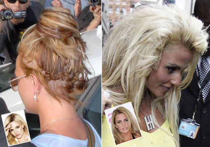 Katie Price (ảnh phải) cũng có mái tóc vàng xơ xác