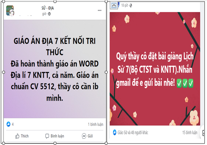 Ảnh chụp màn hình quảng cáo bán giáo án Lịch sử - Địa lý lớp 7 trên mạng xã hội do tác giả cung cấp
