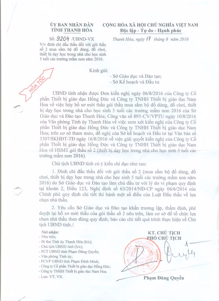 Công văn 9204/UBND-VX về việc đình chỉ dấu thầu đối với gói thầu số 2 của UBND tỉnh Thanh Hóa (ảnh MC) Công văn 9204/UBND-VX về việc đình chỉ dấu thầu đối với gói thầu số 2 của UBND tỉnh Thanh Hóa (ảnh MC)