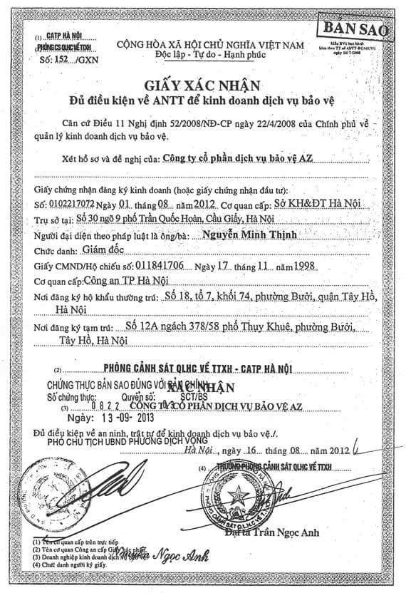 Giấy xác nhận của công ty dịch vụ bảo vệ AZ Giấy xác nhận của công ty dịch vụ bảo vệ AZ