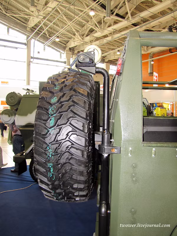 Phía sau xe về phái bên phải có treo một bánh xe dự trữ để sử dựng trong trường hợp các bánh xe chính bị hỏng, cần thay thế . Phía sau xe về phái bên phải có treo một bánh xe dự trữ để sử dựng trong trường hợp các bánh xe chính bị hỏng, cần thay thế .