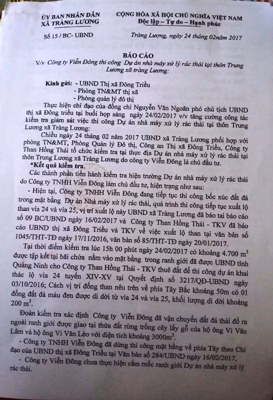 Trong báo cáo của UBND xã Tràng Lương gửi thị xã Đông Triều liên quan đến việc thi công dự án Nhà máy xử lý rác thải do Công ty Viễn Đông làm chủ đầu tư. Trong báo cáo của UBND xã Tràng Lương gửi thị xã Đông Triều liên quan đến việc thi công dự án Nhà máy xử lý rác thải do Công ty Viễn Đông làm chủ đầu tư.