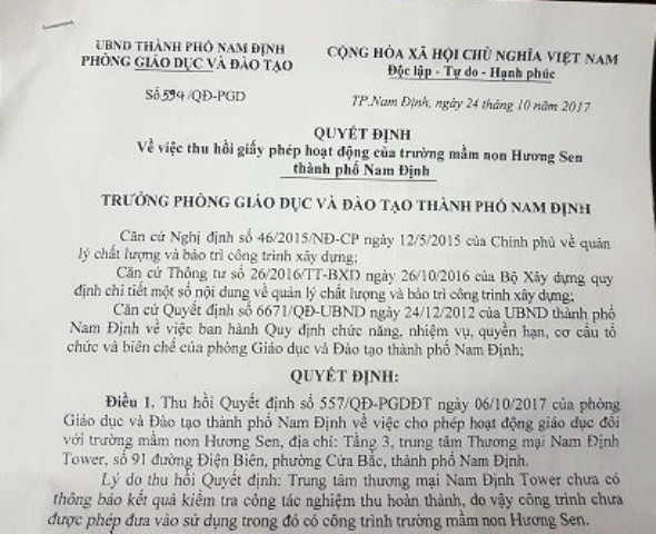 Quyết định về việc thu hồi giấy phép hoạt động của Trường mầm non tư thục Hương Sen. Ảnh: Nhân Minh