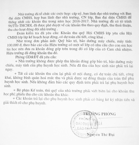Văn bản số 338/GD-ĐT, Phòng Giáo dục và Đào tạo thị xã Sơn Tây yêu cầu Trường THCS Đường Lâm phải trả lại những khoản thu trái quy định. (Ảnh VB) Văn bản số 338/GD-ĐT, Phòng Giáo dục và Đào tạo thị xã Sơn Tây yêu cầu Trường THCS Đường Lâm phải trả lại những khoản thu trái quy định. (Ảnh VB)