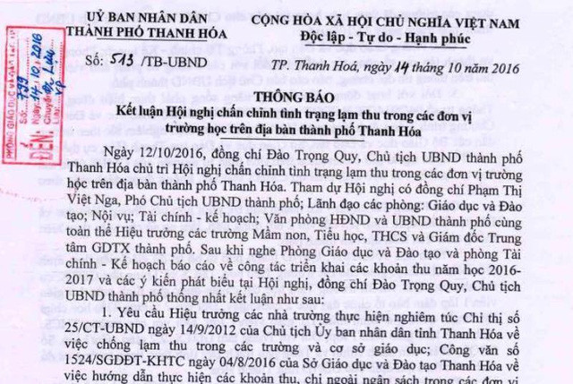 Thông báo số 513, trong đó có 29 trường thực hiện trả lại tiền thu các khoản sai quy định cho phụ huynh học sinh (ảnh T.Trần) Thông báo số 513, trong đó có 29 trường thực hiện trả lại tiền thu các khoản sai quy định cho phụ huynh học sinh (ảnh T.Trần)