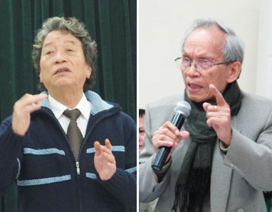 Nhạc sĩ Huy Thục (bên phải) cùng nhạc sĩ Phó Đức Phương trong buổi gặp mặt gần 40 nhạc sĩ lão thành hôm 16/2 vừa qua.