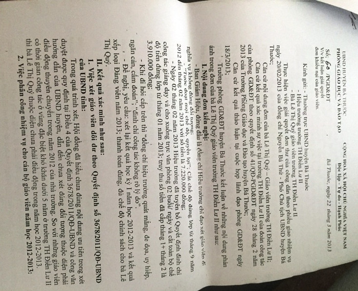 Kết luận thanh tra số 60/PGD&ĐT ngày 22/3/2013 của Phòng Giáo dục và Đào tạo huyện Bá Thước. Ảnh: Sông Mã. Kết luận thanh tra số 60/PGD&ĐT ngày 22/3/2013 của Phòng Giáo dục và Đào tạo huyện Bá Thước. Ảnh: Sông Mã.