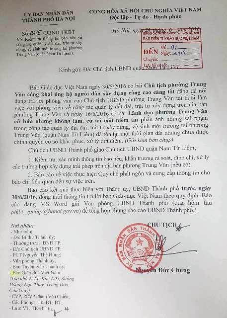 Công văn của Chủ tịch UBND TP. Hà Nội yêu cầu Chủ tịch UBND quận Nam Từ Liêm chỉ đạo, làm rõ thông tin, sai phạm tại phường Trung Văn (Ảnh Chí Nhân)