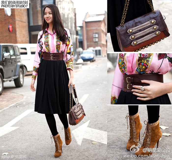 Trương Tử Lâm: sơ mi retro + váy đen quá đầu gối Trương Tử Lâm: sơ mi retro + váy đen quá đầu gối