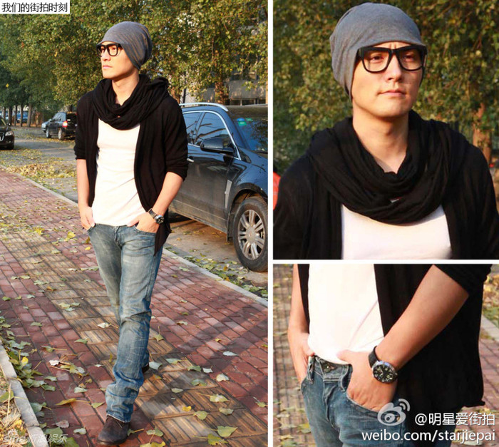 Nghiêm Khoan: Cardigan đen, khăn đen và quần jean mài Nghiêm Khoan: Cardigan đen, khăn đen và quần jean mài