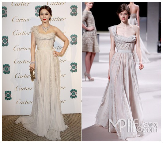 Hôm 17/9, Phạm Băng Băng (Fan Bing Bing) tham dự lễ ra mắt sản phẩm của thương hiệu Cartier do cô làm đại sứ tại Rome, Italy. Người đẹp chọn chiếc váy màu be chéo vai tinh tế của Elie Saab. Với trang phục này, cô buộc gọn mát tóc đen nhánh và dùng son đỏ nổi bật.
