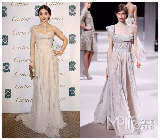 Hôm 17/9, Phạm Băng Băng (Fan Bing Bing) tham dự lễ ra mắt sản phẩm của thương hiệu Cartier do cô làm đại sứ tại Rome, Italy. Người đẹp chọn chiếc váy màu be chéo vai tinh tế của Elie Saab. Với trang phục này, cô buộc gọn mát tóc đen nhánh và dùng son đỏ nổi bật.