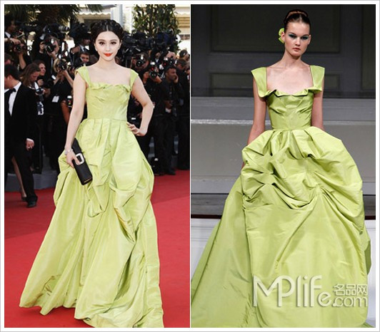 Thiết kế của Oscar de la Renta cổ điển, với trang phục rực rỡ màu cốm này, Phạm Băng Băng trông giống với một tiểu thư quý tộc Bourbon.