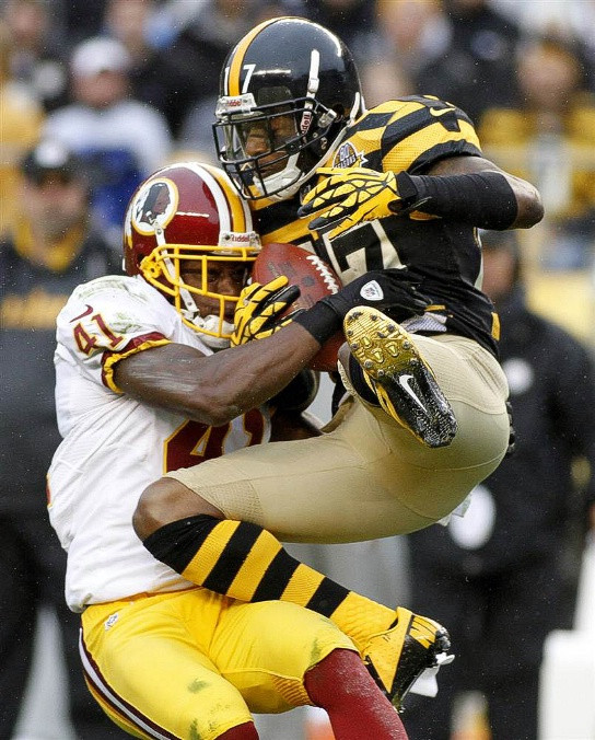 Mike Wallace (áo trắng) của đội Steeler thực hiện cú bắt đường chuyền và va chạm với Madieu Williams của đội Washington.