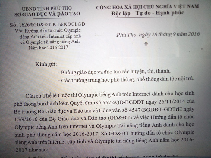 Công văn số 1626/SGD&amp;ĐT – KH&amp;KĐCLGD về việc hướng dẫn tổ chức thi Olympic tiếng Anh trên Internet cấp tỉnh và Olympic tài năng tiếng Anh năm học 2016 – 2017 (ảnh HC)