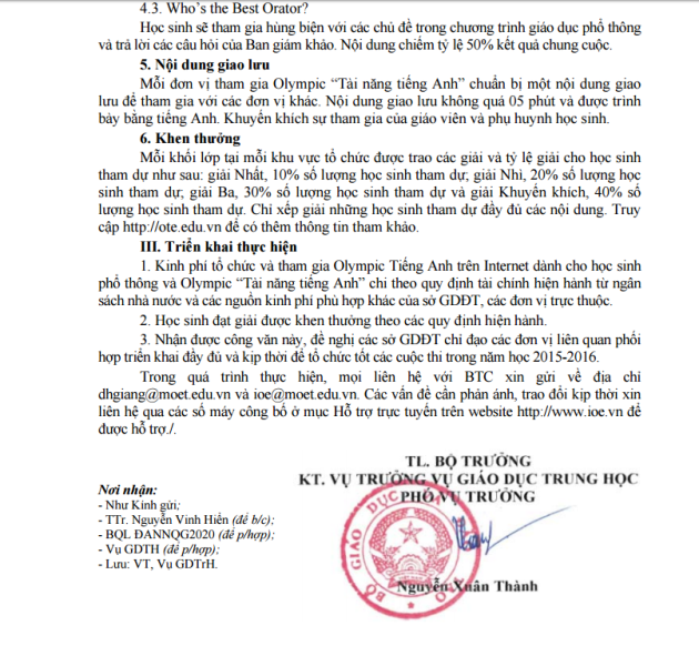 Công văn số 4786/BGDĐT-GDTrH ngày 17/09/2015 của Bộ Giáo dục và Đào tạo về việc hướng dẫn tổ chức Olympic tiếng Anh trên Internet và Olympic tài năng tiếng Anh dành cho học sinh phổ thông năm học 2015-2016, gửi đến các Sở Giáo dục và Đào tạo (ảnh MC)