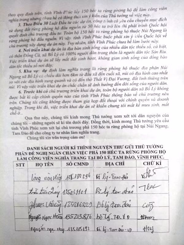 Tâm thư của những người dân gắn bó với đất rừng thuộc xã Bồ Lý, huyện Tam Đảo, tỉnh Vĩnh Phúc gửi đến Thủ tướng Chính phủ (ảnh HC)