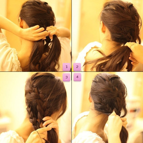 Sau đó cũng tết gọn phần tóc phía dưới theo cùng chiều với phần tóc phía trên. Sau đó cũng tết gọn phần tóc phía dưới theo cùng chiều với phần tóc phía trên.