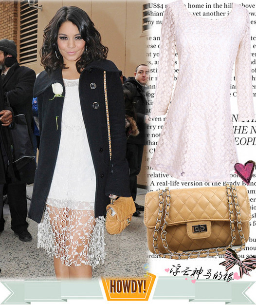 Vanessa Hudgens với váy ren trắng gợi cảm thêm áo khoác để giữ ấm cho mùa đông.