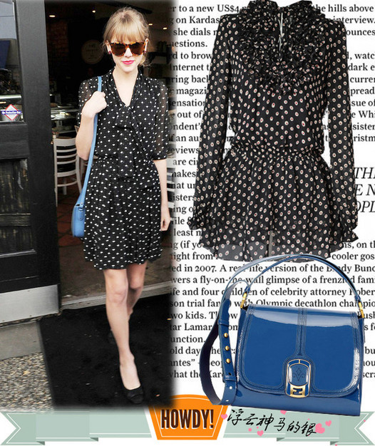 Taylor Swift xinh xắn và trẻ trung với váy đen chấm bi tay dài phù hợp cho thời tiết mùa thu se lạnh.