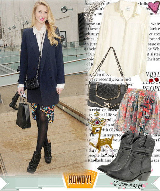 Whitney Port với sơ mi trắng, váy hoa và áo khoác dài.