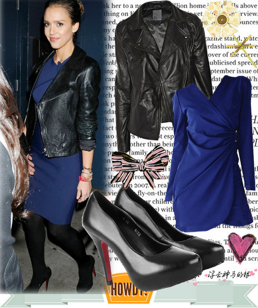 Jessica Alba phối hợp hai màu xanh đen rất hài hòa và ăn ý.