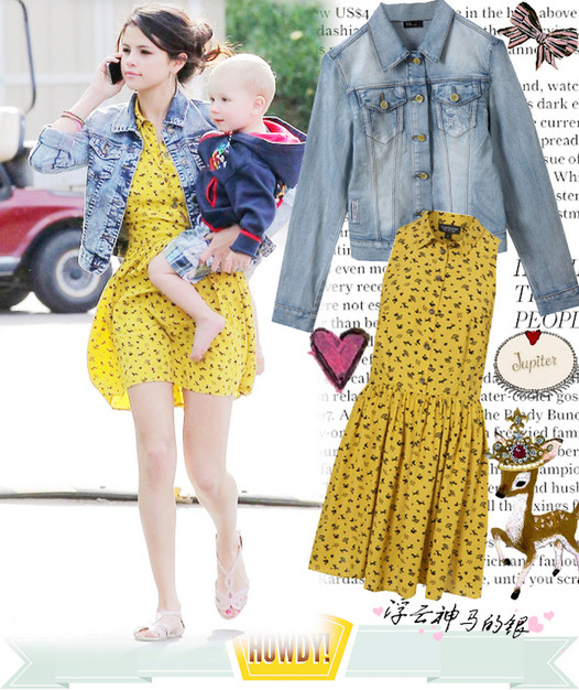 Selena Gomez với phong cách teen khi kết hợp váy hoa với áo jeans.