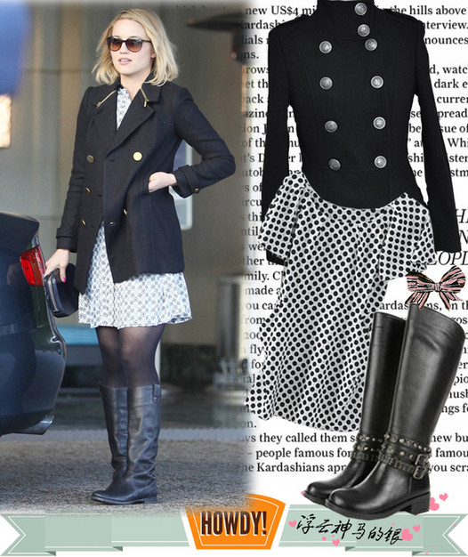 Phong cách đáng yêu với váy chấm bi và áo khoác đen của Diana Agron.