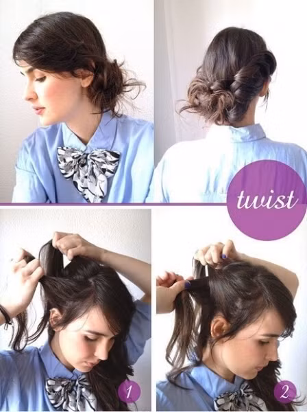 Kiểu 5: từ một bên tai lấy hai phần tóc xoắn lại với nhau.