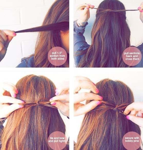 Chỉ cần bạn lấy hai phần tóc ở sau mang tai, thắt lại với nhau theo hình nơ bướm và giữ chặt là bạn đã sưu tập thêm cho mình một kiểu tóc rất đơn giản nhưng vô cùng ấn tượng.