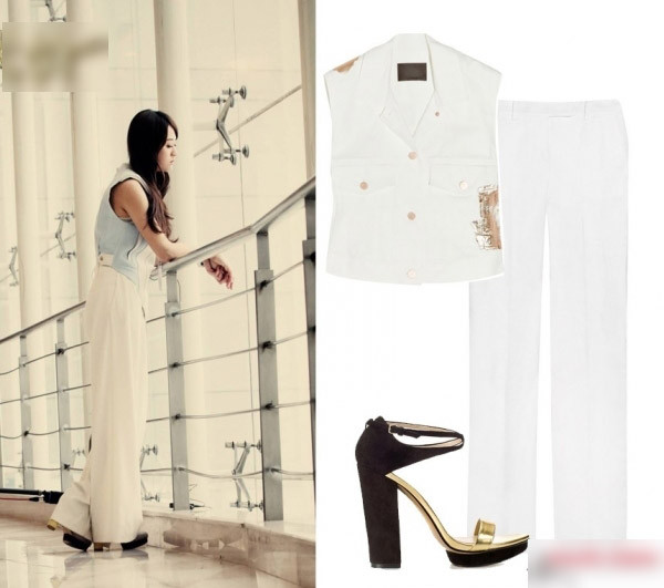 Phong cách thời trang giúp "khoe" chân dài với quần ống suông lưng cao và áo gi lê nữ tính.