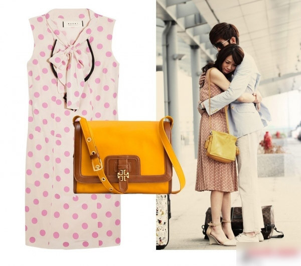 Điệu đà phù hợp với phong cách bạn gái khi diện cho mình bộ đầm liên thân chấm bi cùng túi xách dễ thương.