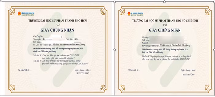 Giấy Chứng nhận hoàn thành mô đun bồi dưỡng chương trình mới của thầy Ngô Văn - Ảnh Lê Mai