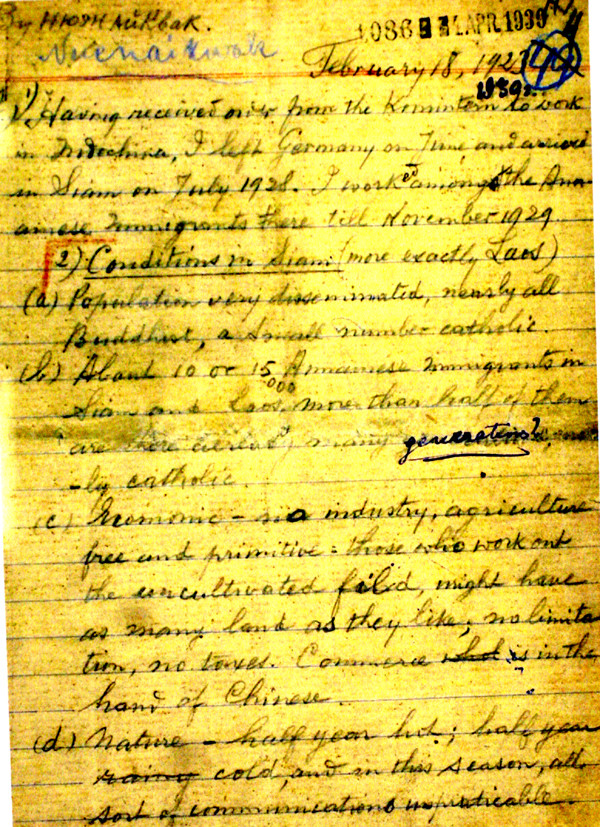 Báo cáo của Nguyễn Ái Quốc gửi Quốc tế Cộng sản về sự ra đời của Đảng Cộng Sản Việt Nam - 18/2/1930. Bút tích bằng Tiếng Anh.