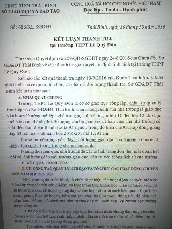 Đa số những phản ánh về sai phạm tại trường THPT Lê Qúy Đôn đều đúng trong Kết luận thanh tra của Sở Giáo dục và Đào tạo tỉnh Thái Bình (Ảnh MC)