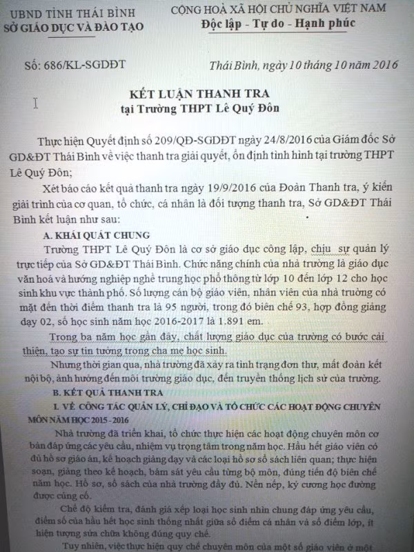 Đa số những phản ánh về sai phạm tại trường THPT Lê Qúy Đôn đều đúng trong Kết luận thanh tra của Sở Giáo dục và Đào tạo tỉnh Thái Bình (Ảnh MC)