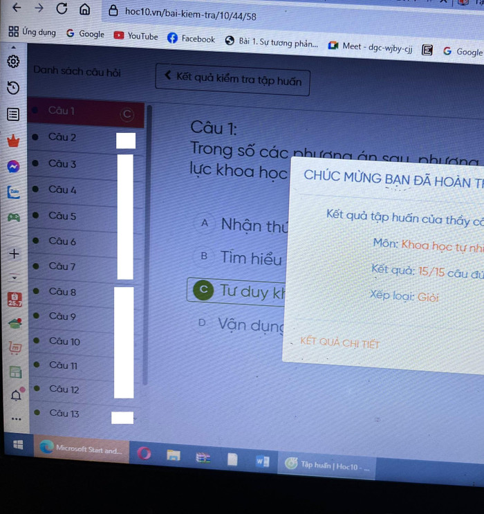 Giáo viên khoe kết quả bài thu hoạch đạt điểm tuyệt đối trên mạng xã hội. Ảnh: N.L
